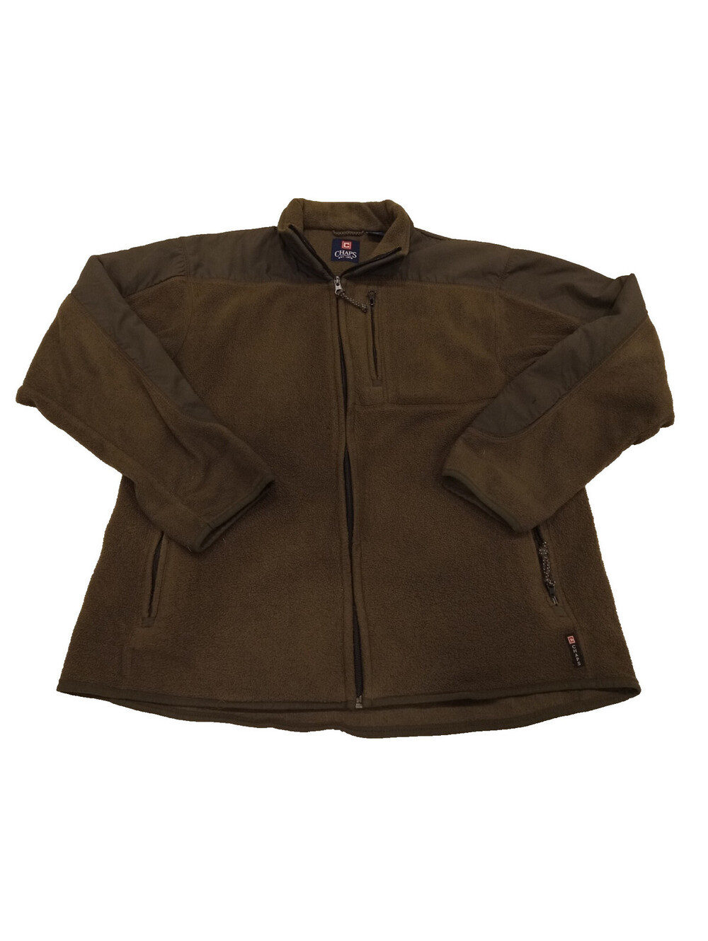 Chaps Jacket Mens Medium Olive Green Full Zip Fleece Woven Overlay Chest Pocket